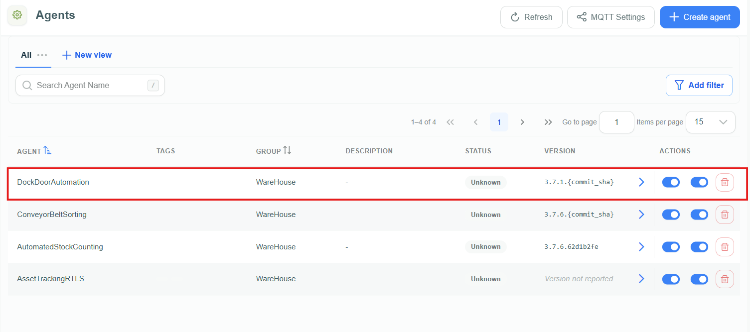 Agent list with the newly created agent highlighted, showing status Unknown